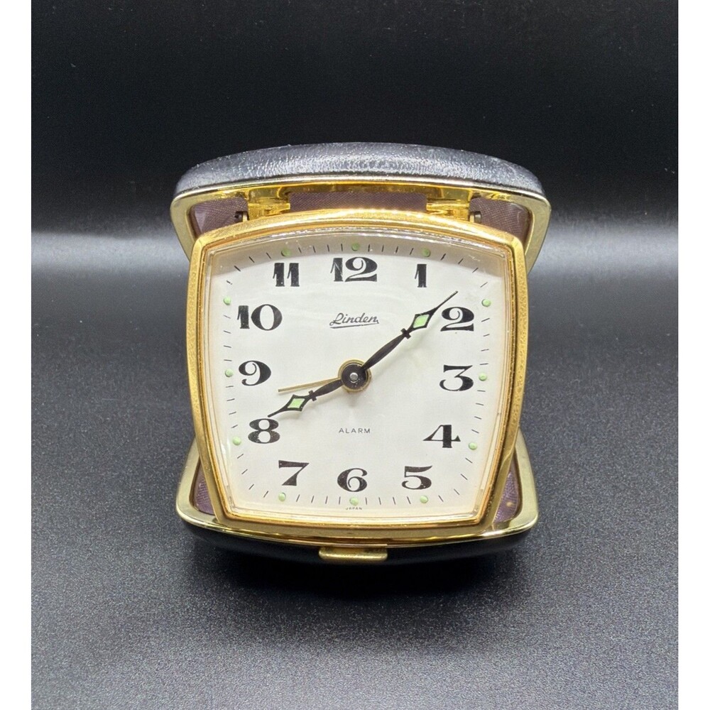 Vintage Linden Travel Alarm Clock Folding Black Gold Case Mechanical Windup. GUC